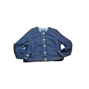 SPANX Womens Size 1X Collarless Blue Denim Jean Jacket Plus Stretch Gold Buttons